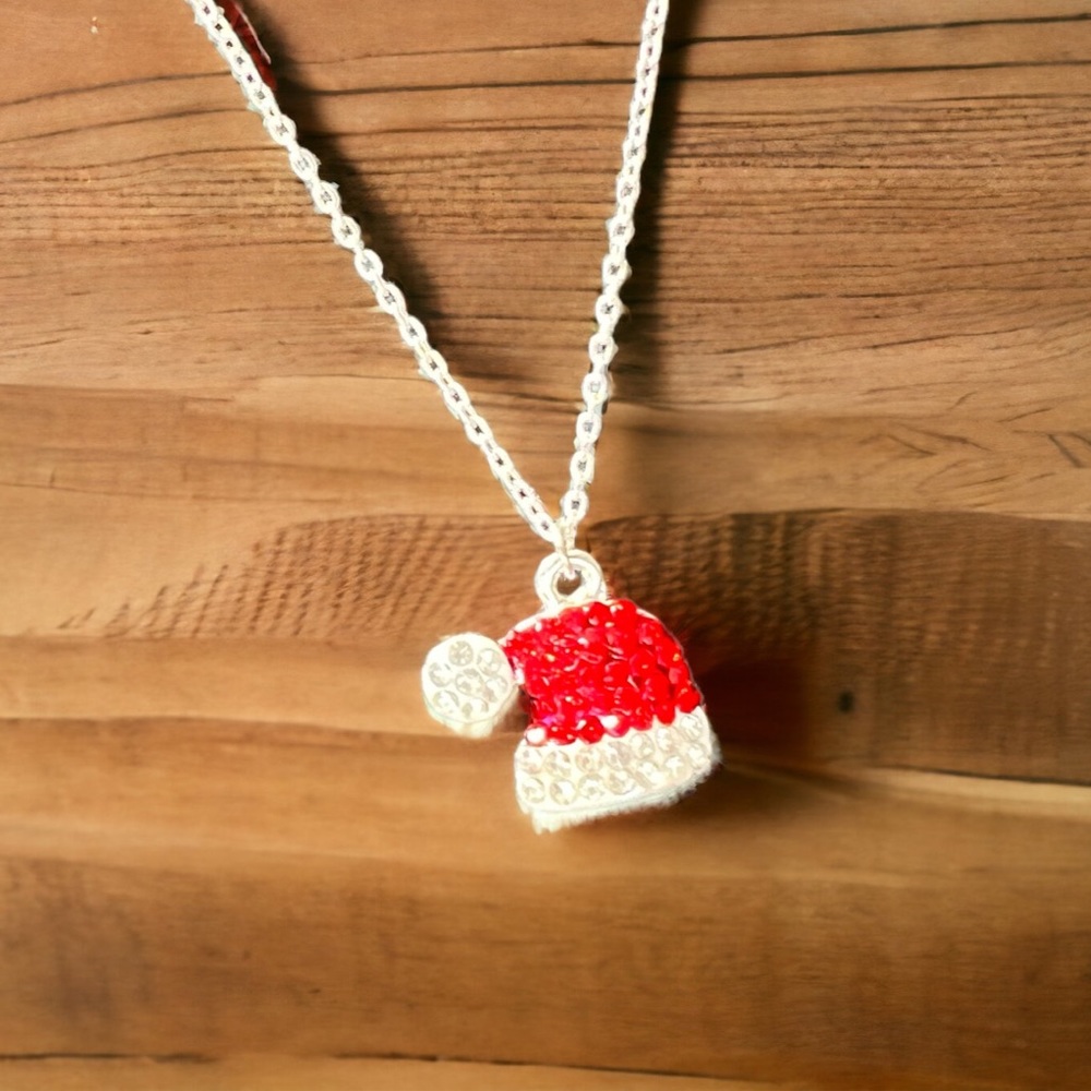 - Silver Color Chain Red Beaded Santa Hat, 16” with Extender